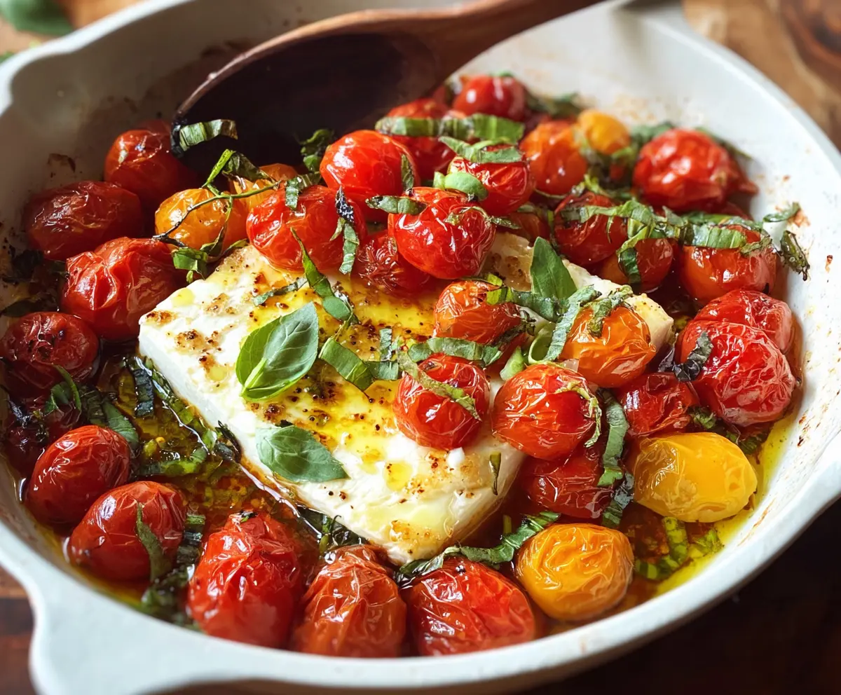 Delicious baked feta cheese with roasted cherry tomatoes and herbs.