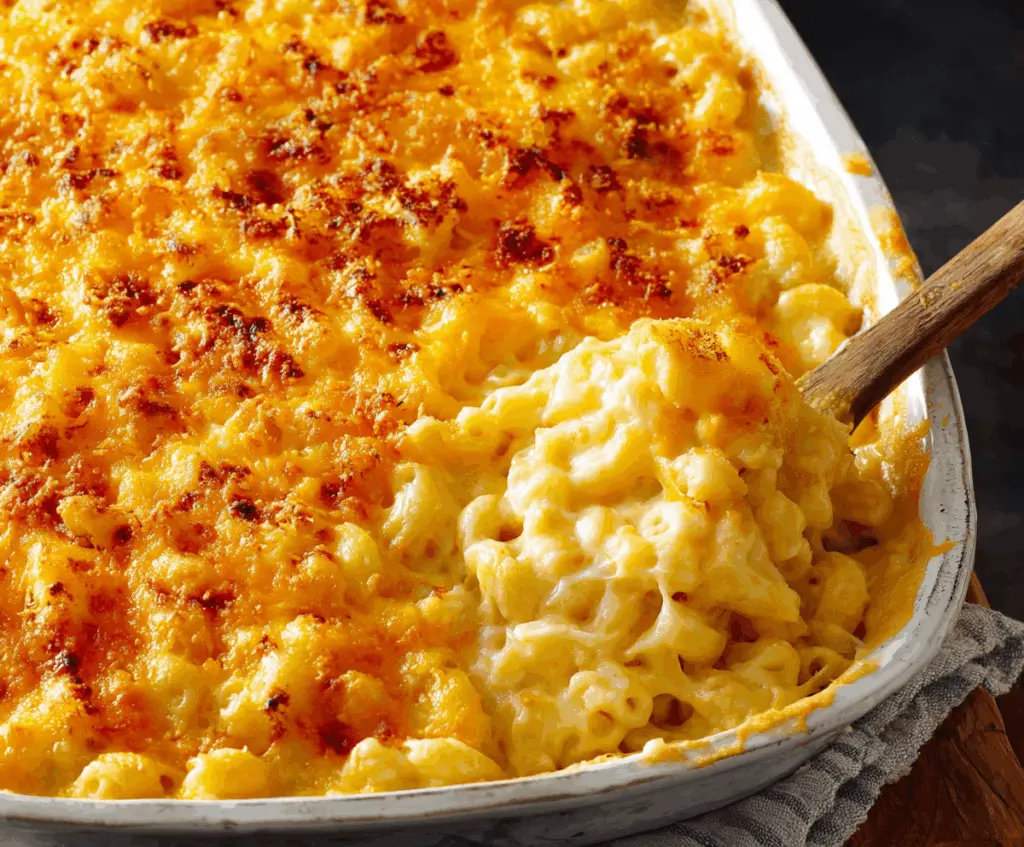 Creamy baked mac and cheese topped with golden bread crumbs, served hot and cheesy in a baking dish.