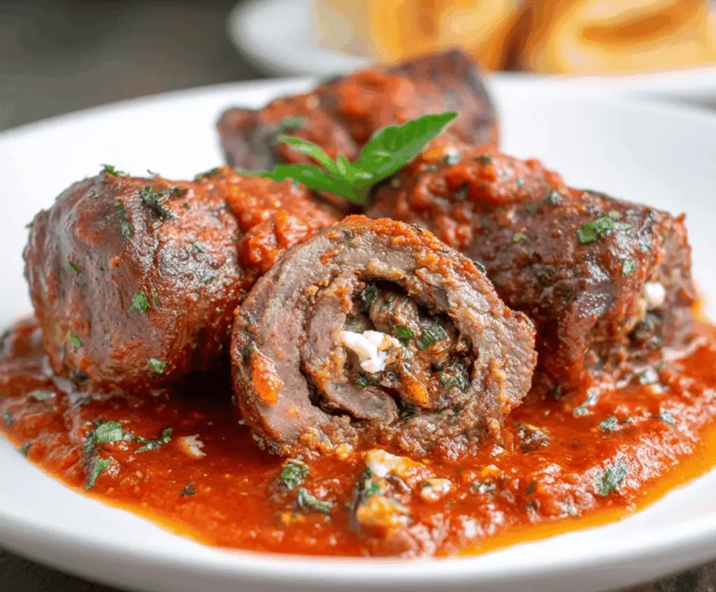 Delicious homemade beef braciole rolled with herbs and cheese, served with pasta.