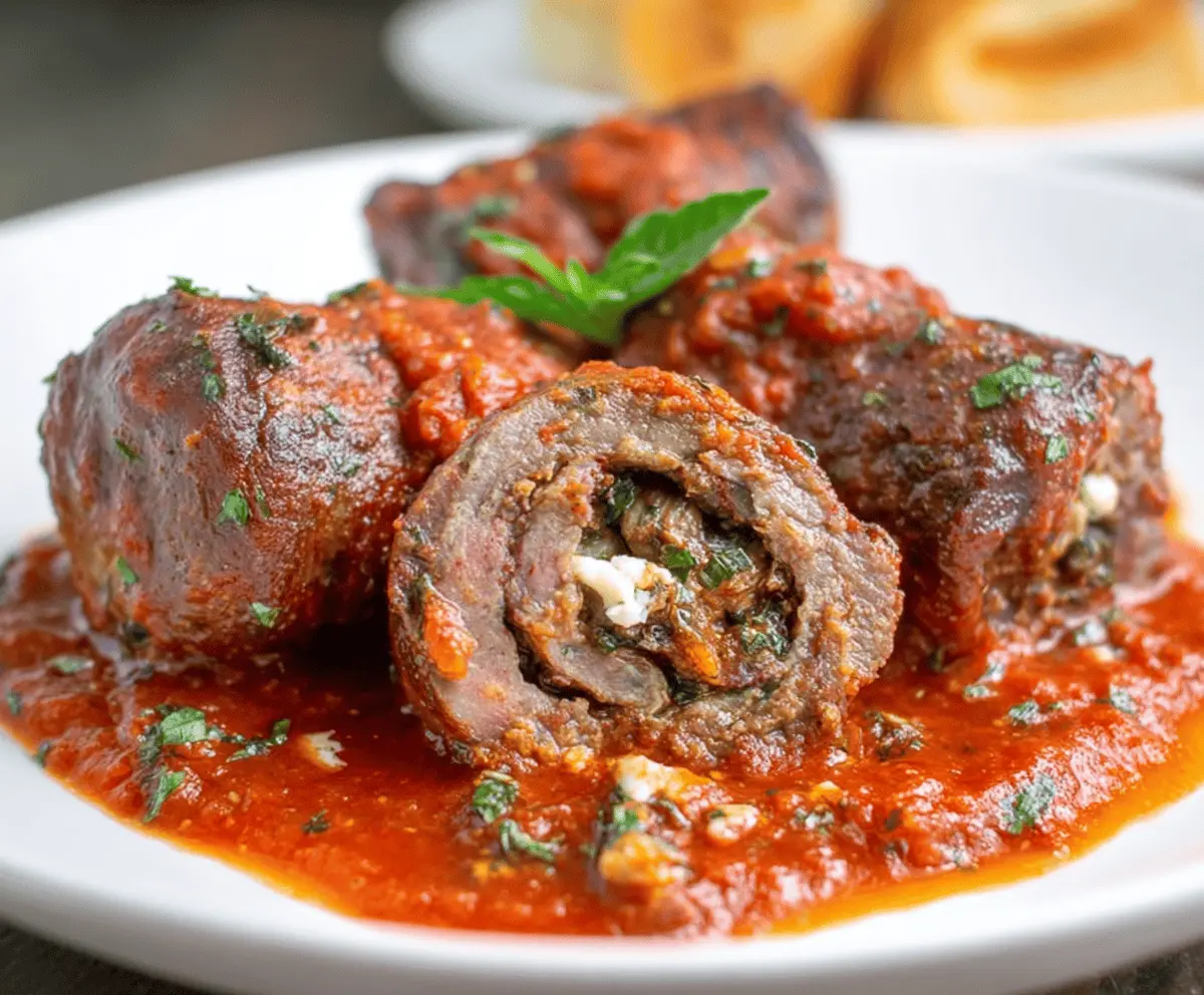 Delicious homemade beef braciole rolled with herbs and cheese, served with pasta.