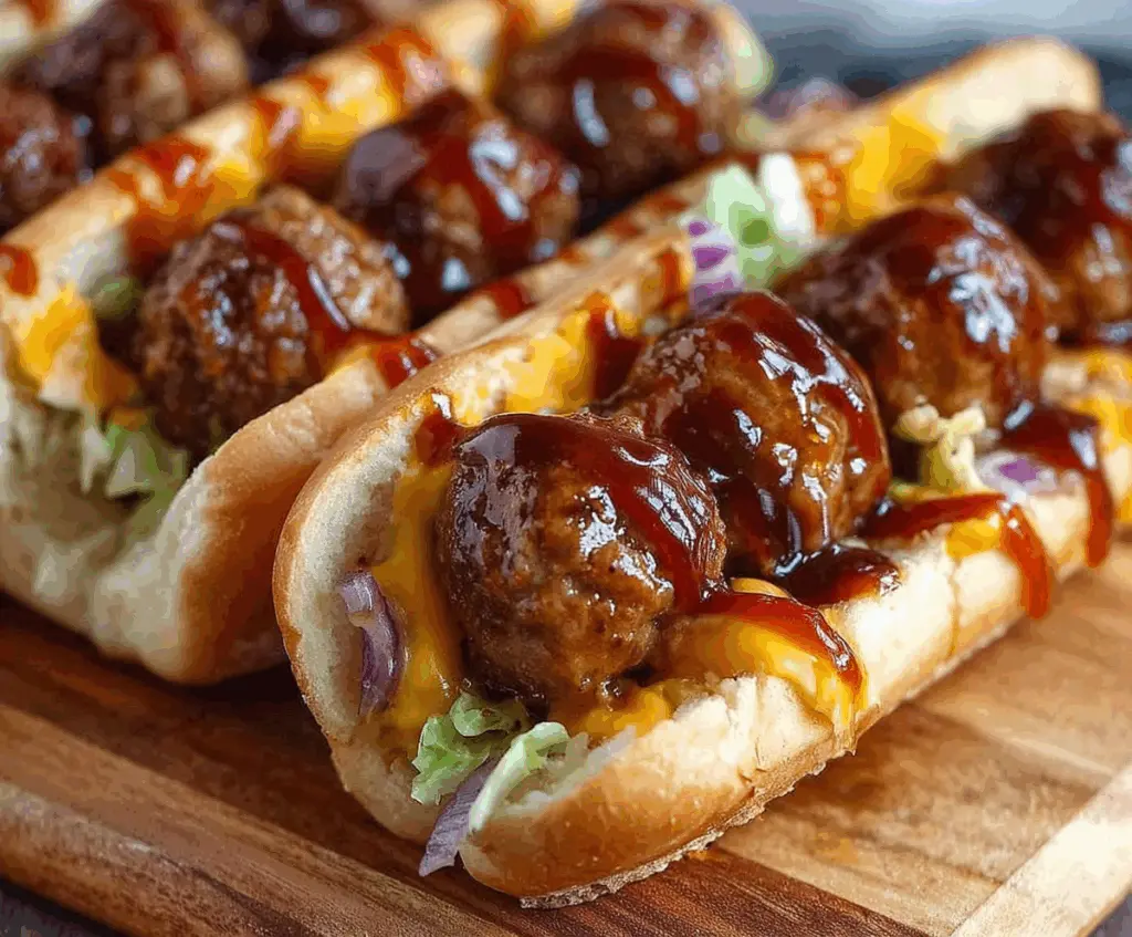 Delicious Bourbon BBQ Bacon Cheeseburger Meatball Subs with melted cheese and crispy bacon.