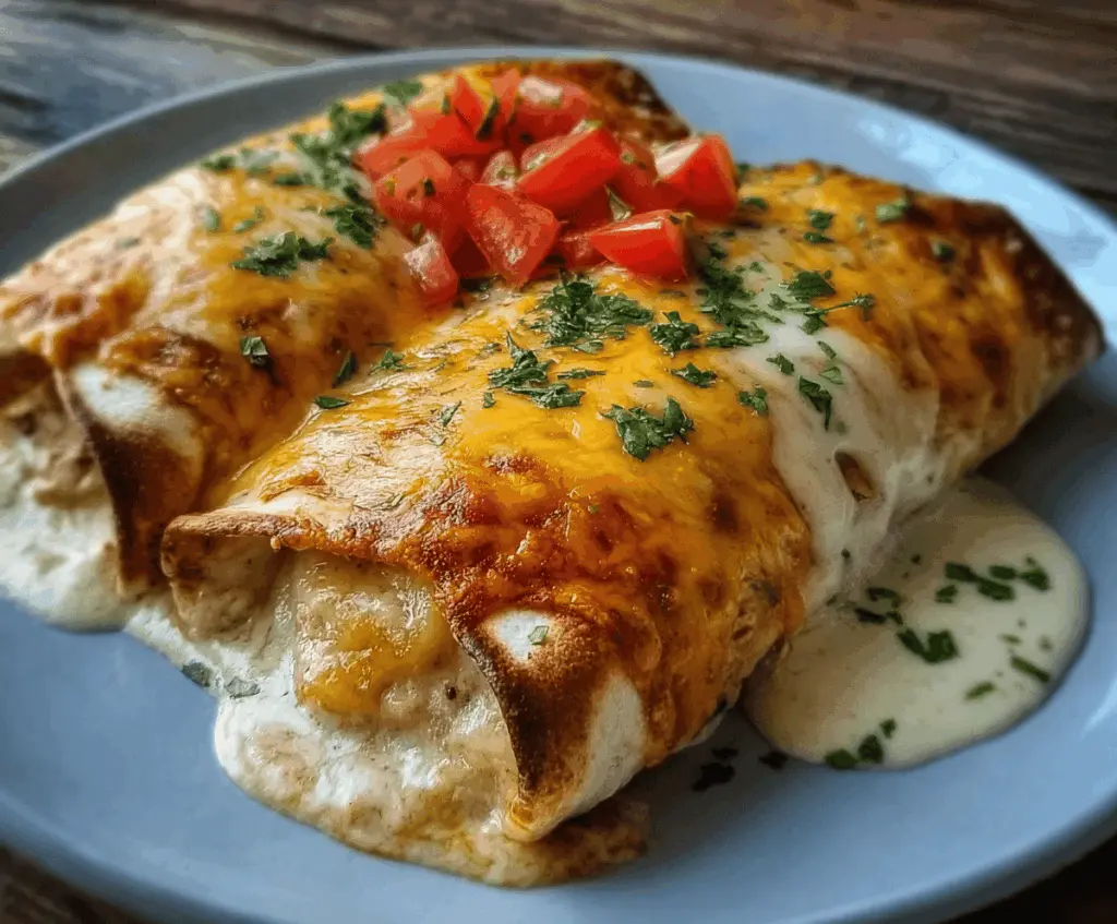 Delicious cheesy chicken enchiladas topped with melted cheese and served with a creamy sauce.
