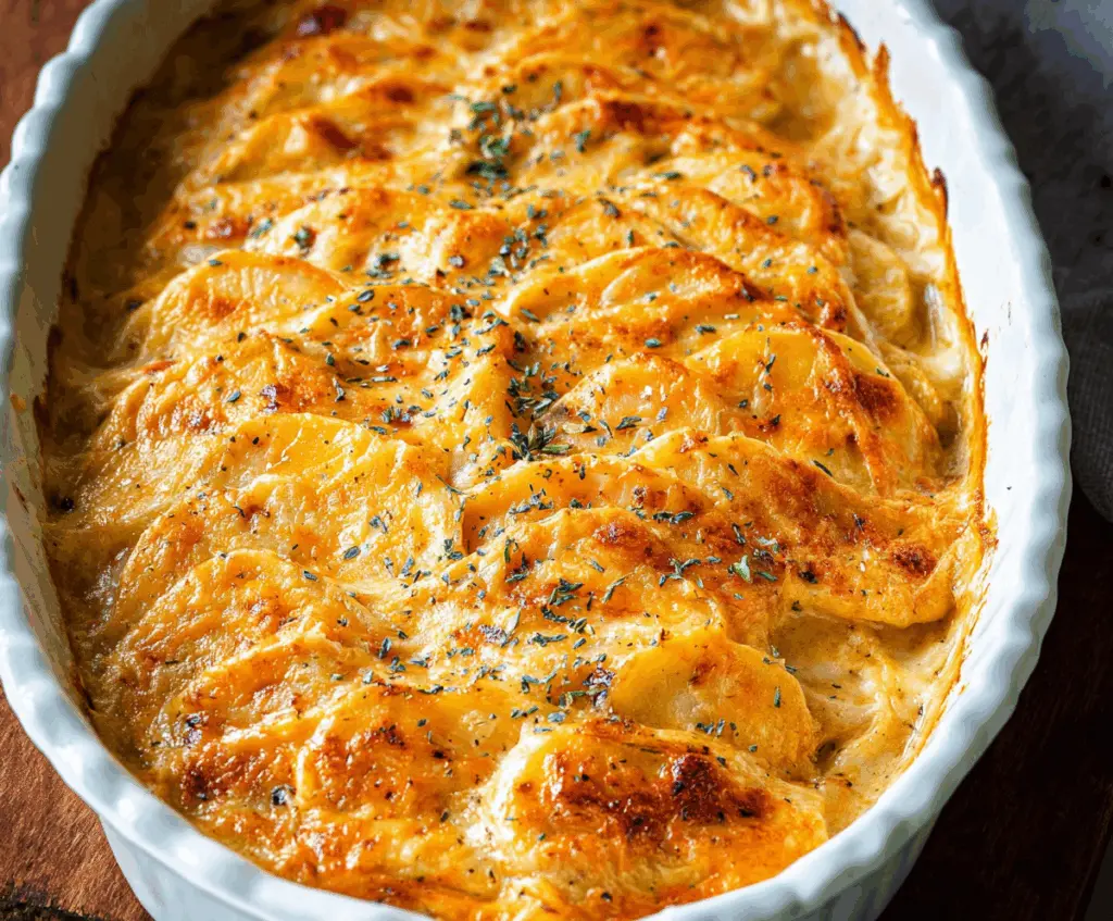 Creamy cheesy scalloped potatoes baked to perfection, topped with golden cheese.
