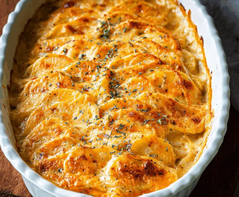 Creamy cheesy scalloped potatoes baked to perfection, topped with golden cheese.
