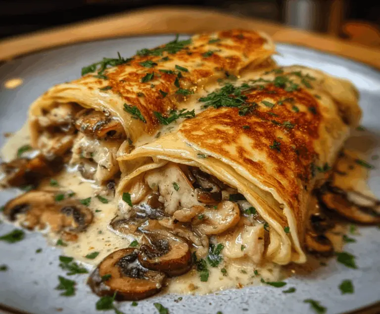 Delicious chicken and mushroom crepe bake garnished with herbs on a white plate.