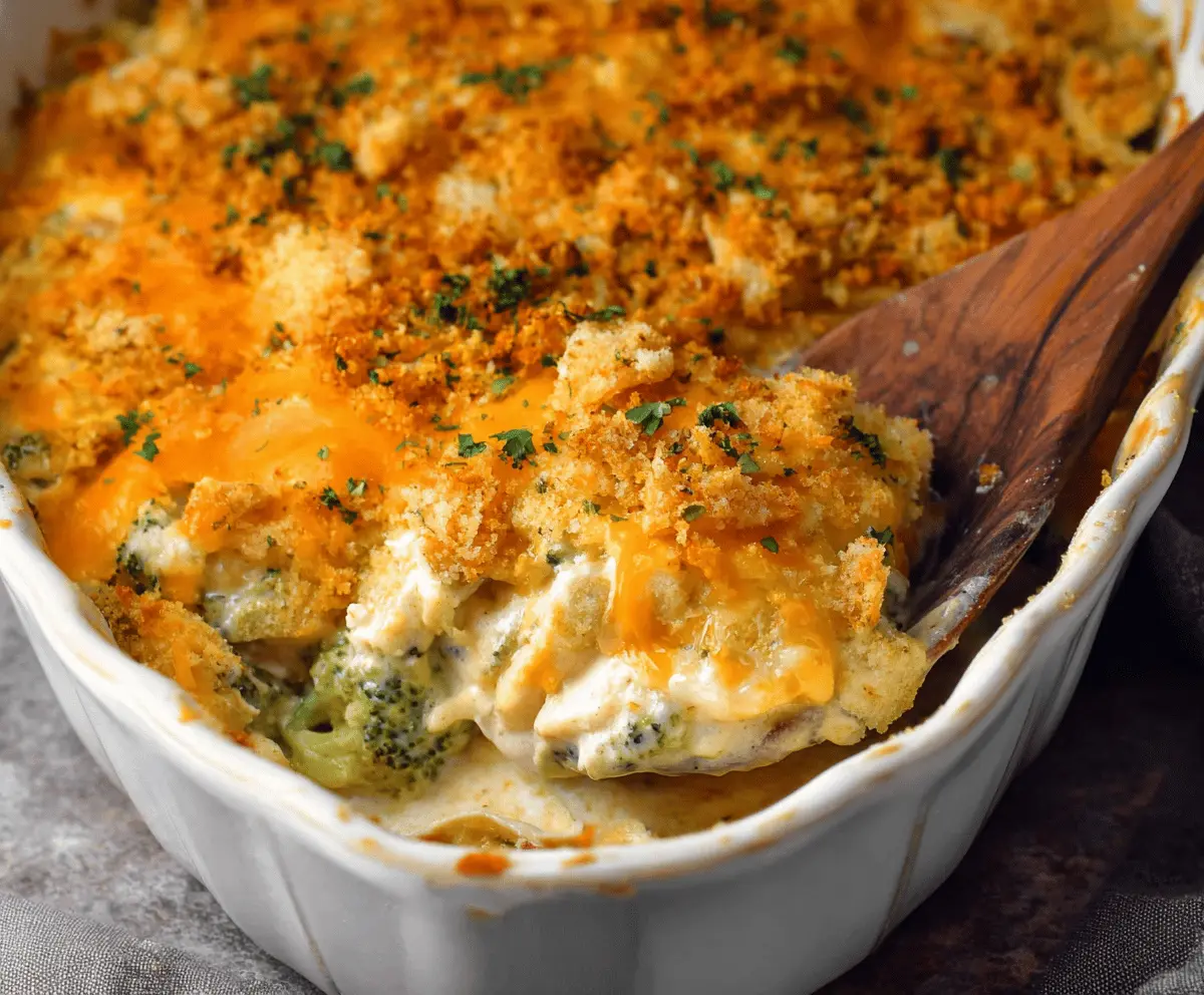 Creamy chicken divan casserole with broccoli and cheese in a baking dish