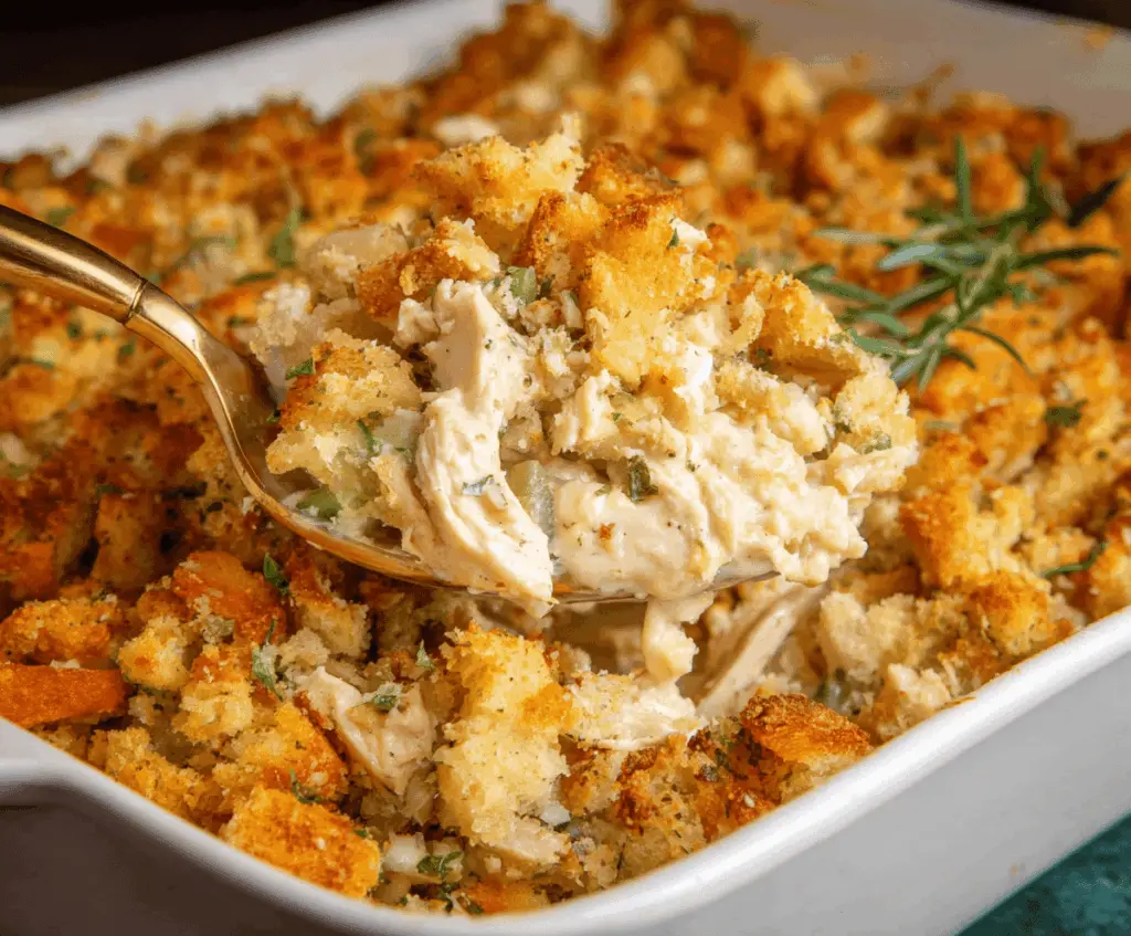 Delicious Chicken Stuffing Casserole topped with golden breadcrumbs, perfect for a comforting family dinner.