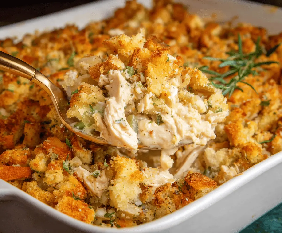 Delicious Chicken Stuffing Casserole topped with golden breadcrumbs, perfect for a comforting family dinner.