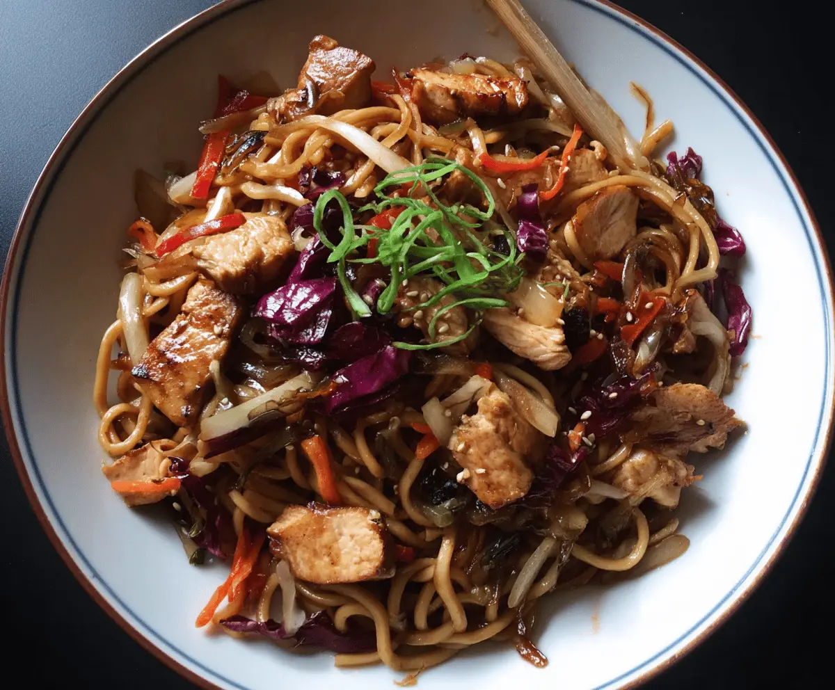 Savory Chicken Yakisoba noodles stir-fried with vegetables and tasty sauce