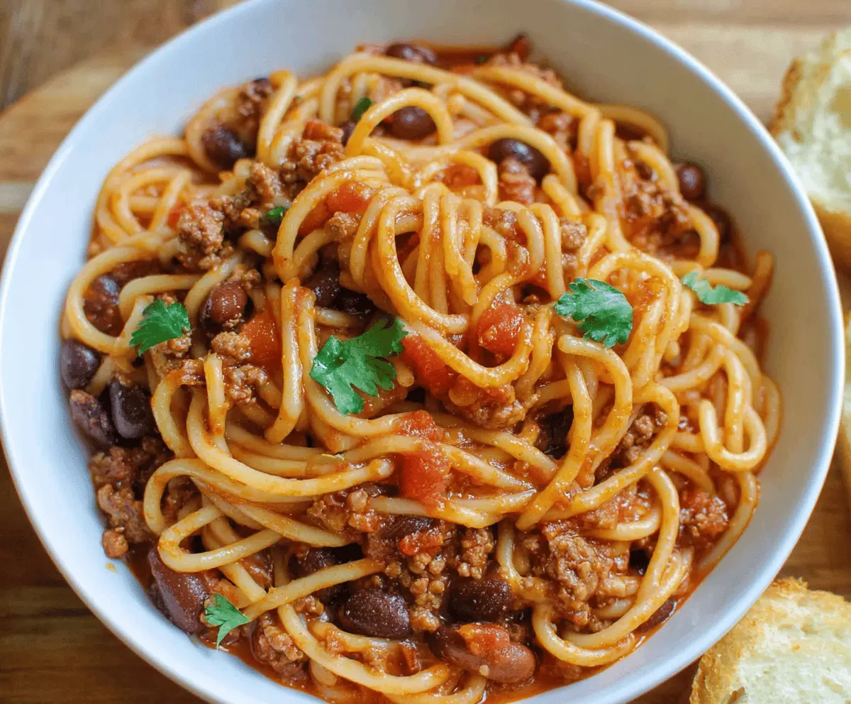 Delicious homemade chili spaghetti served in a bowl with fresh herbs and melted cheese.