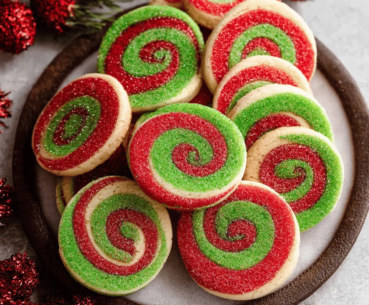 Festive Christmas Pinwheel Cookies with colorful swirls on a holiday platter.
