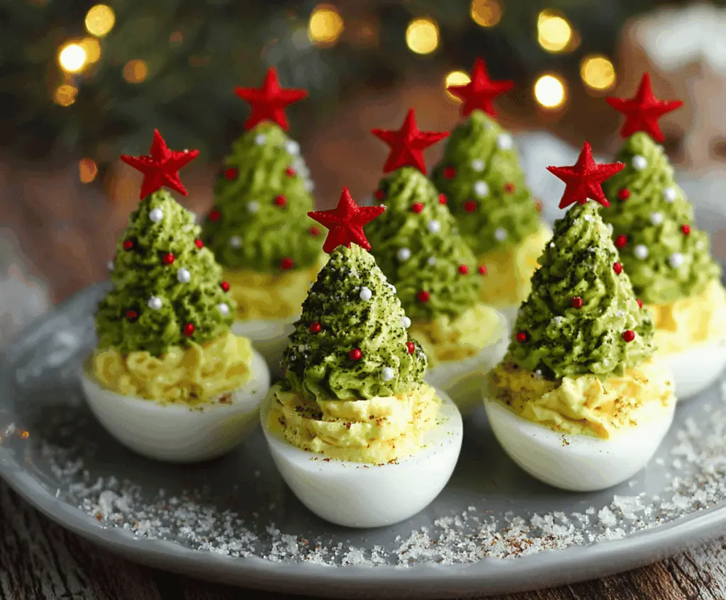 Festive Christmas Tree Deviled Eggs decorated with colorful toppings for holiday parties