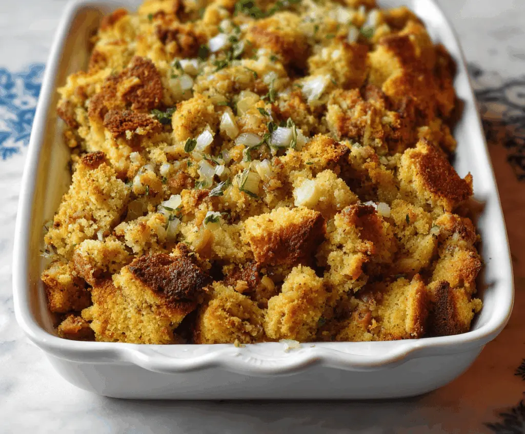 Golden-brown cornbread stuffing served in a baking dish with herbs and vegetables.
