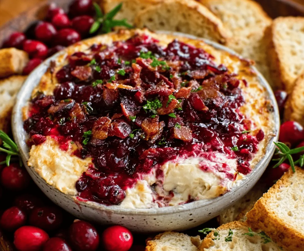 Creamy cranberry and bacon Swiss cheese dip served with crackers, perfect for parties and appetizers.