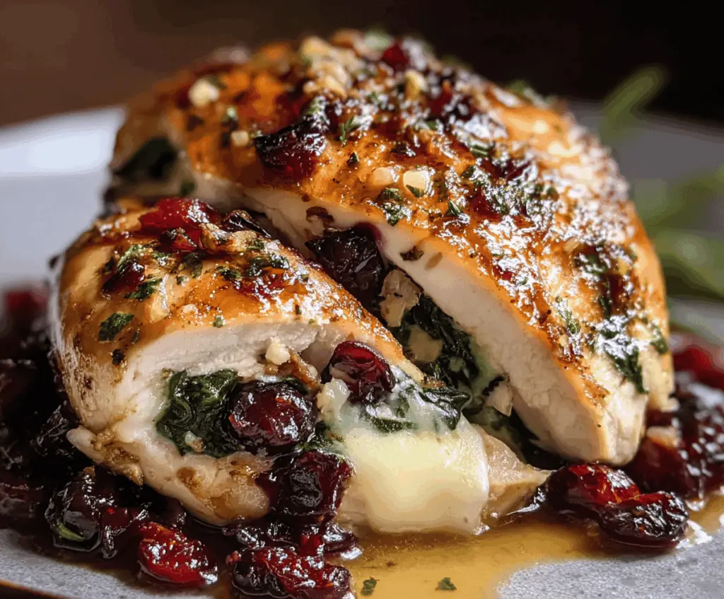 Delicious cranberry and spinach stuffed chicken breast topped with melted Brie cheese, served on a white plate.