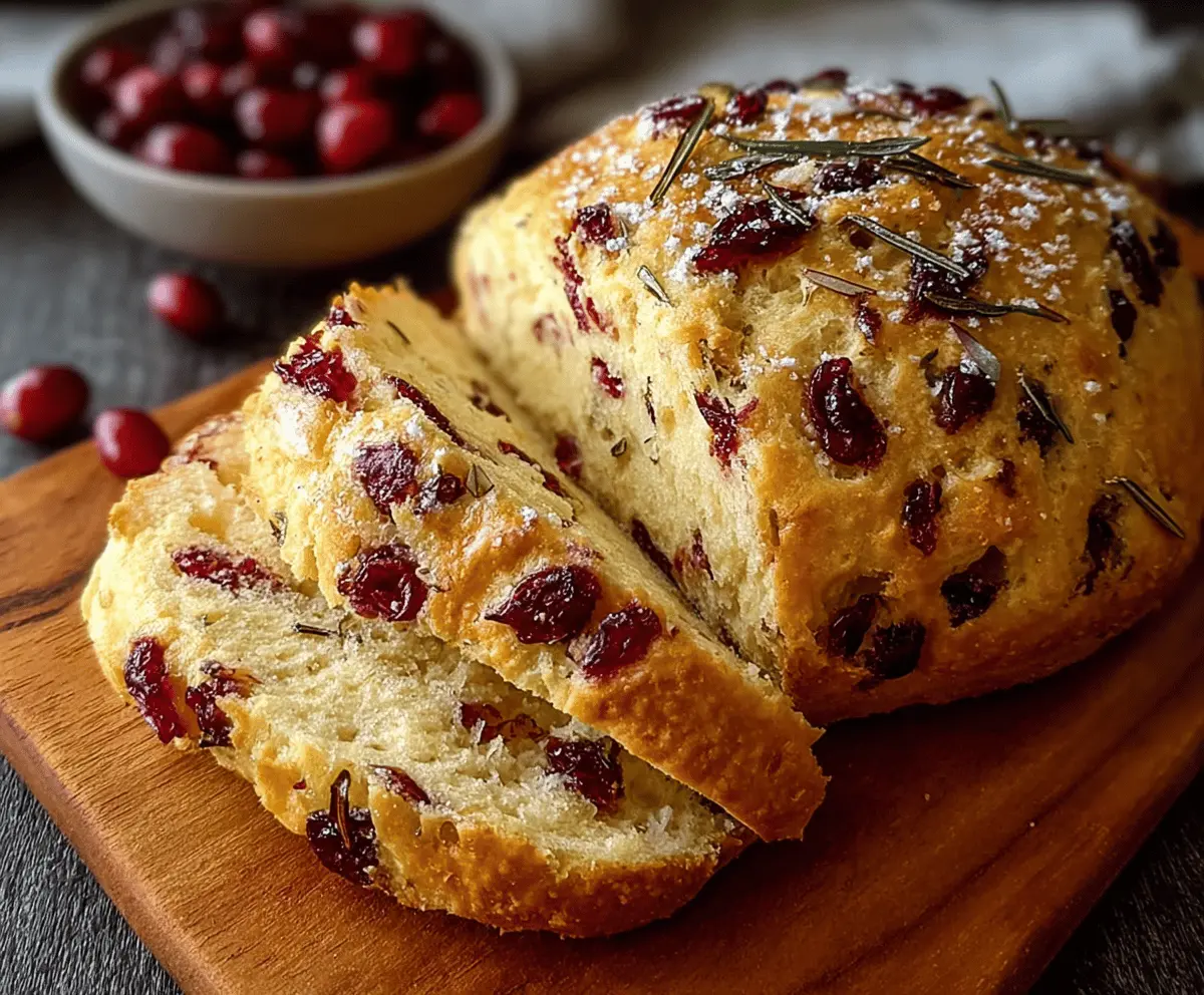 Delicious homemade cranberry bread fresh out of the oven, showcasing a golden crust and vibrant red cranberries inside.