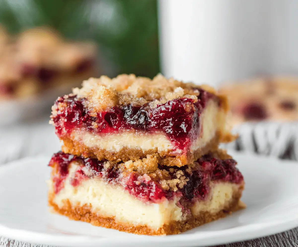 Delicious cranberry cheesecake bars with a creamy topping and vibrant red cranberries on a decorative plate.
