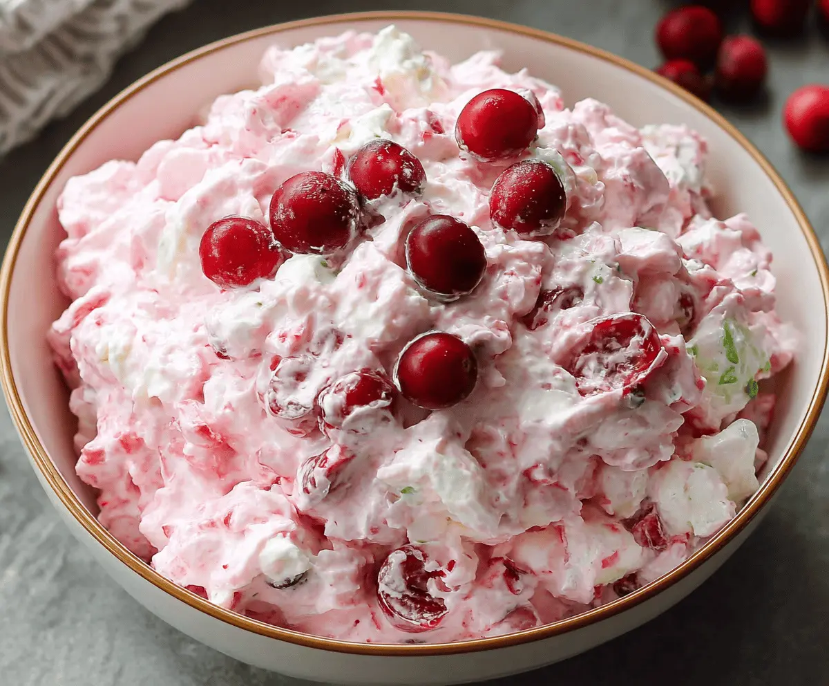 Creamy cranberry fluff salad with fresh cranberries and whipped topping, perfect for holiday desserts.
