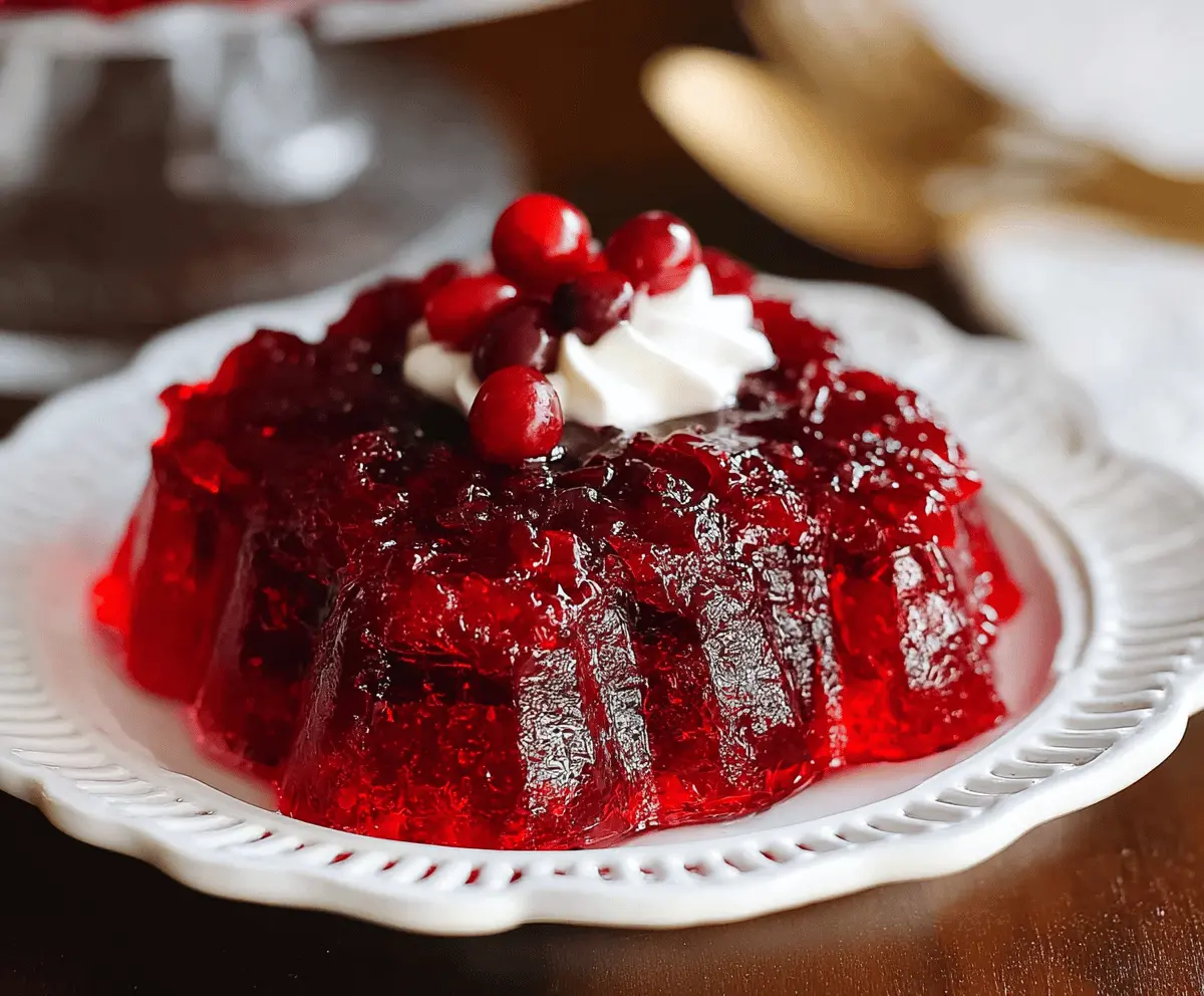 Colorful cranberry jello salad with fresh cranberries and orange slices for a festive dessert.