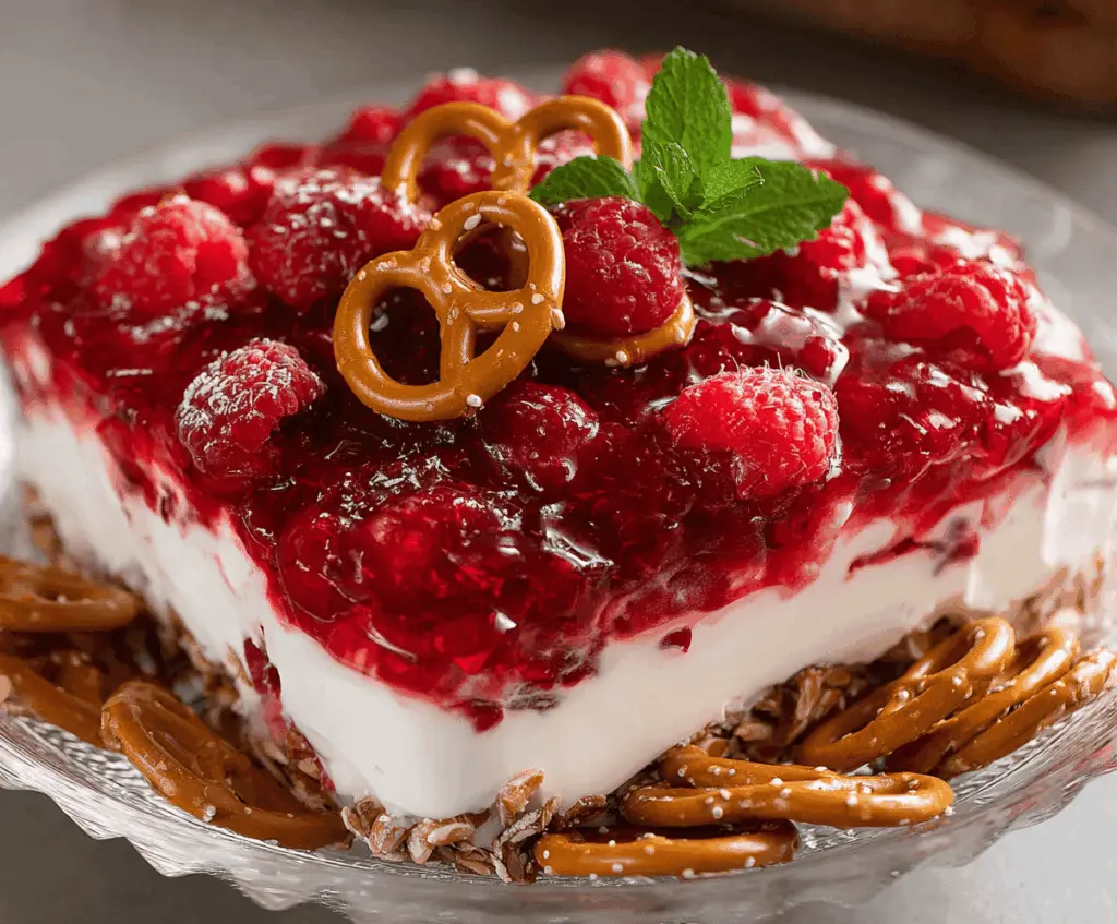 Delicious cranberry raspberry pretzel salad with a creamy layered topping and fresh fruits.