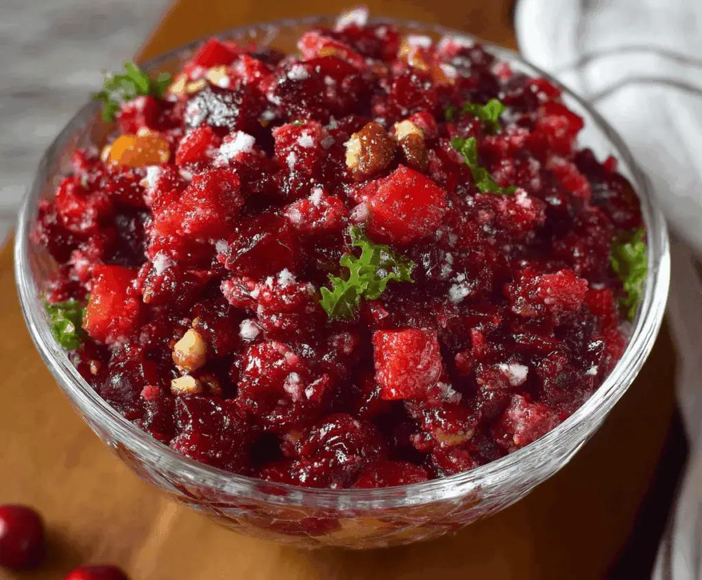 Vibrant cranberry salad with fresh berries, chopped nuts, and a light dressing in a clear glass bowl.
