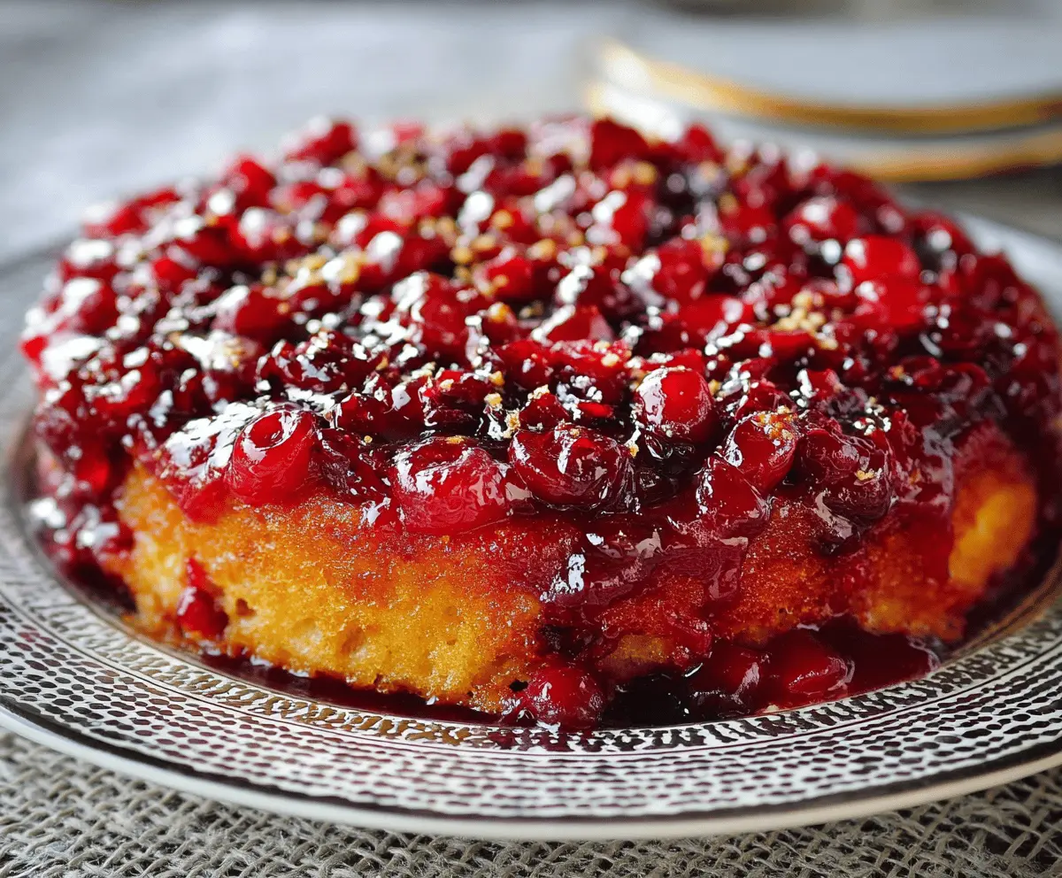 Delicious cranberry upside down cake topped with fresh cranberries and a caramel glaze.