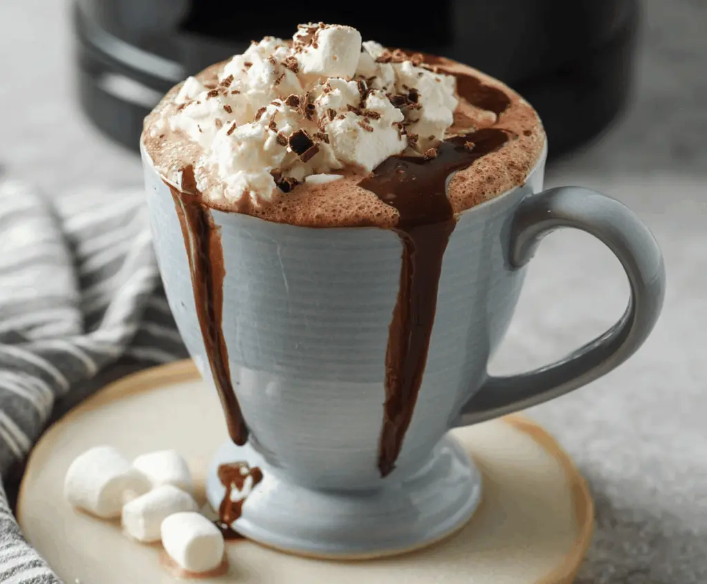 Creamy crockpot hot chocolate with whipped cream and chocolate shavings served in a cozy mug.
