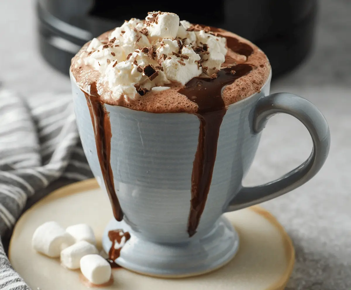 Creamy crockpot hot chocolate with whipped cream and chocolate shavings served in a cozy mug.