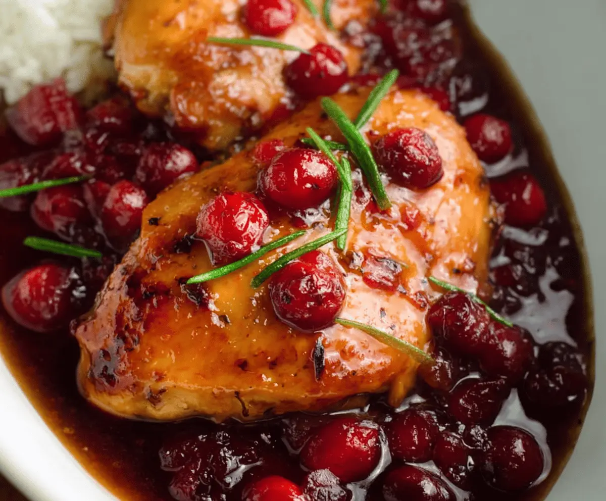 Savory slow cooker cranberry chicken served with fresh herbs and a side of vegetables.