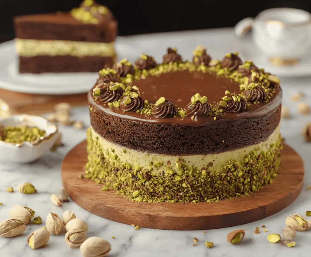 Delicious Dubai Chocolate Pistachio Cake with rich chocolate layers topped with pistachios and vibrant decoration.