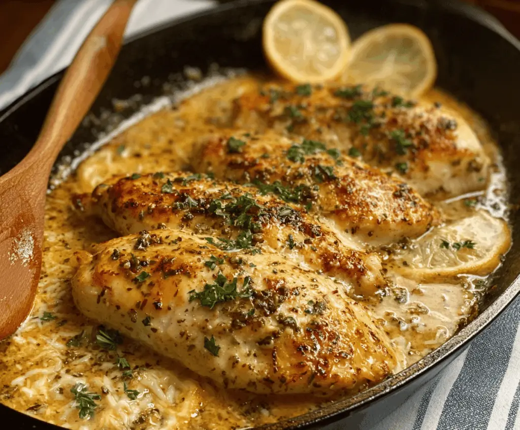 Delicious creamy baked asiago chicken served on a white plate with fresh herbs