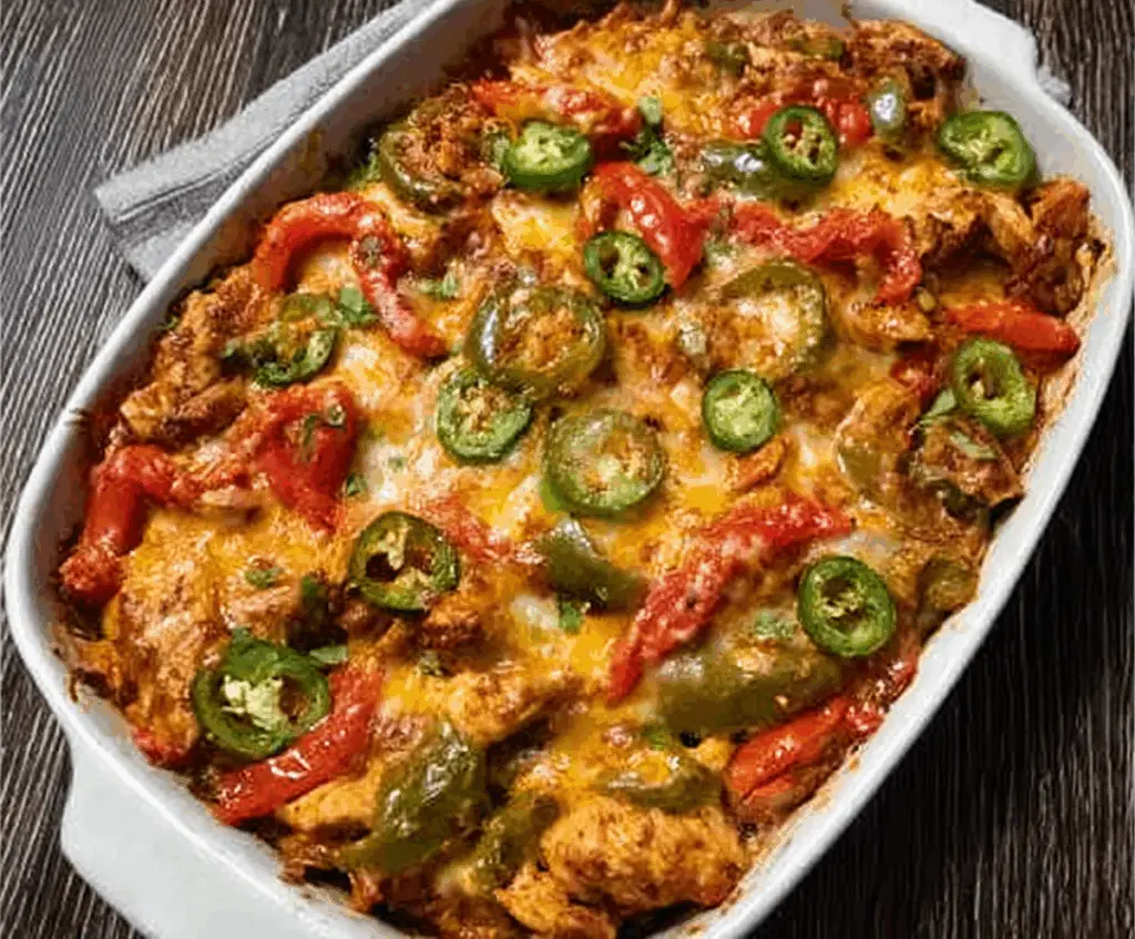 Delicious fajita chicken casserole with colorful peppers and melted cheese on top