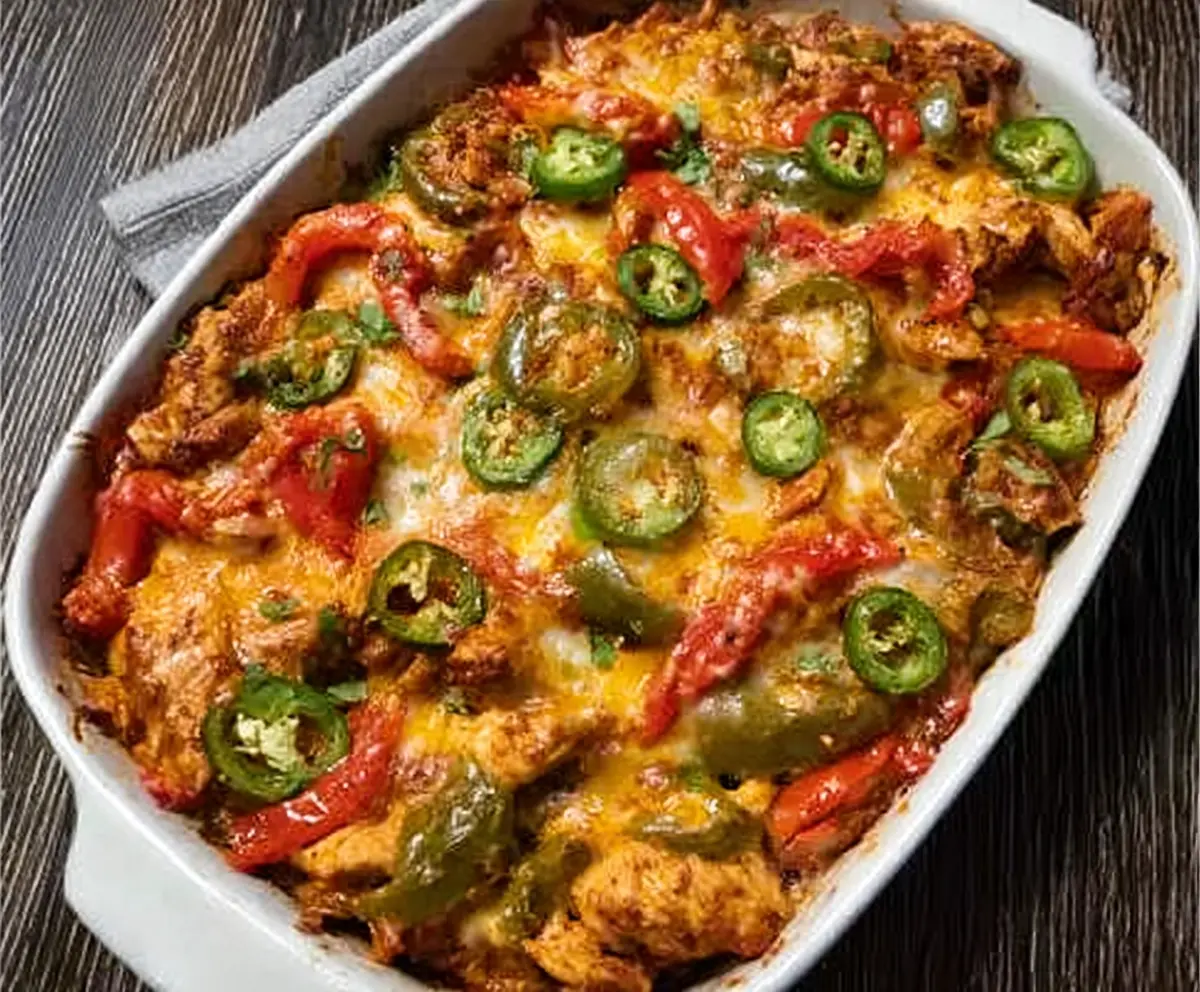 Delicious fajita chicken casserole with colorful peppers and melted cheese on top