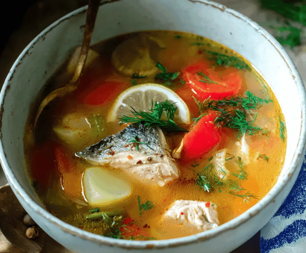 Delicious homemade fish soup with fresh ingredients and vibrant herbs.
