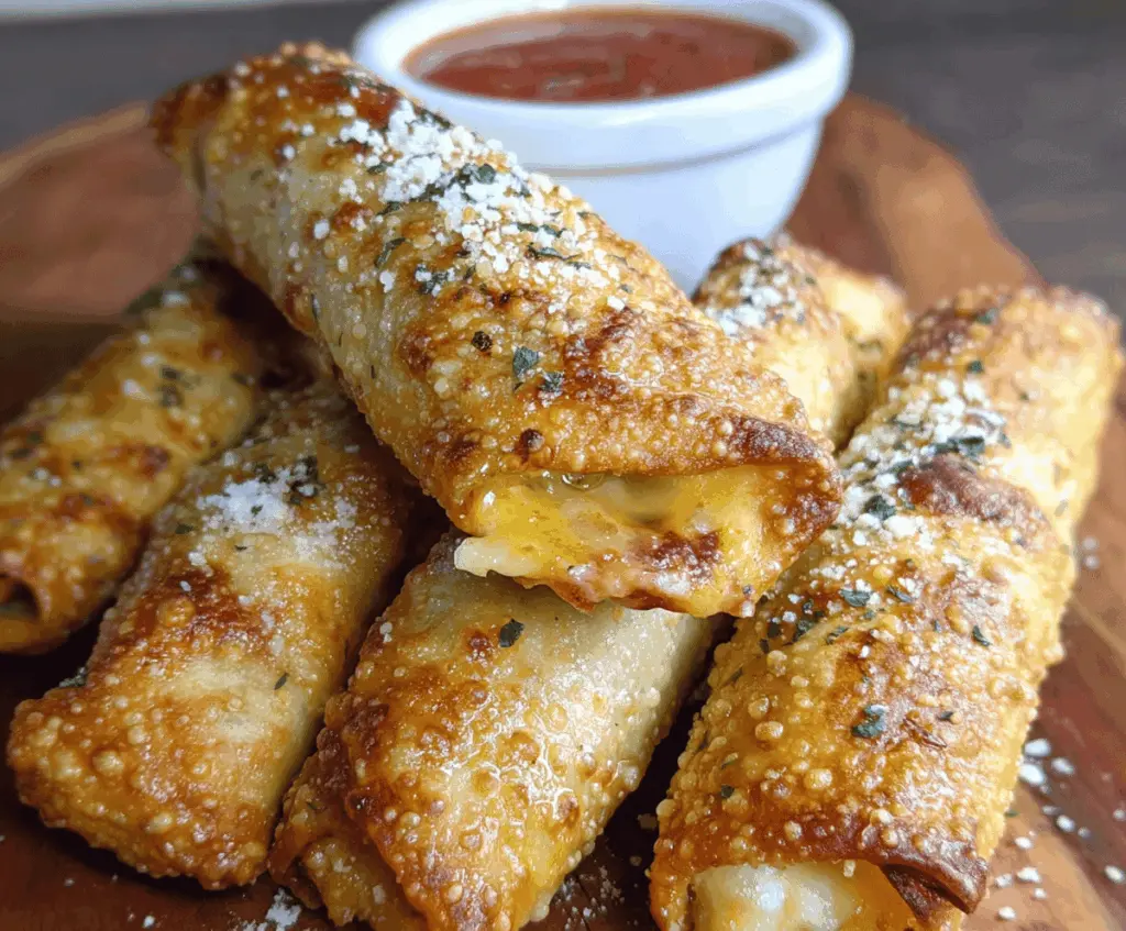 Delicious garlic butter pizza egg rolls with melted cheese and crispy exterior