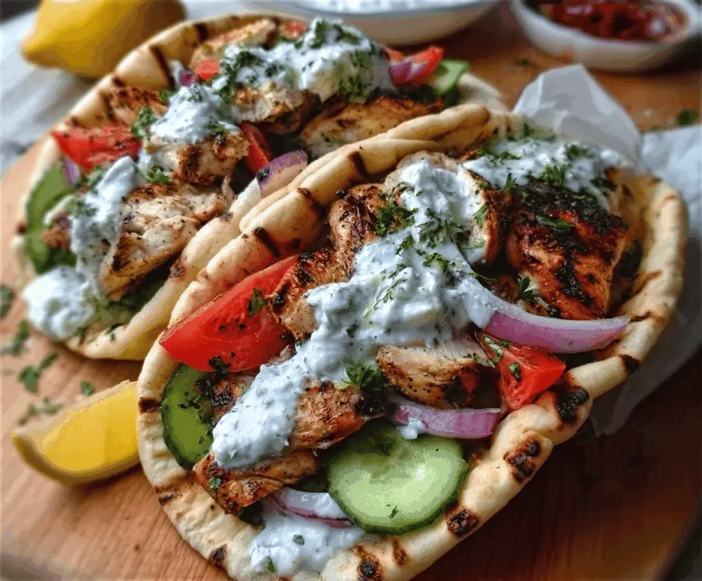 Delicious grilled chicken gyros with fresh tzatziki sauce on a plate