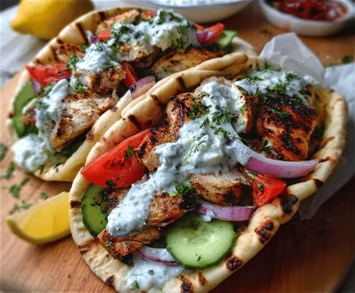 Delicious grilled chicken gyros with fresh tzatziki sauce on a plate