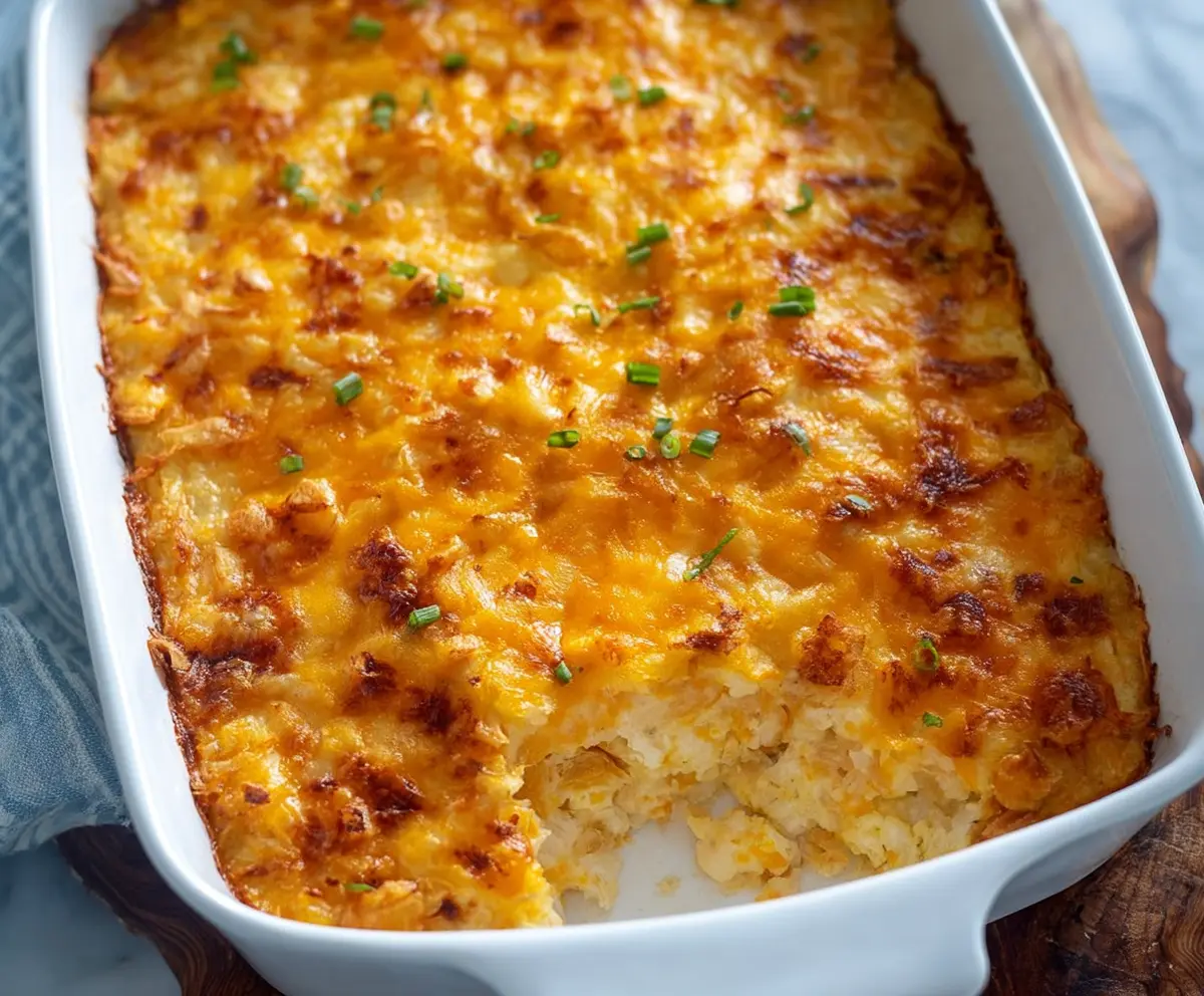 Delicious homemade hashbrown casserole in a baking dish, topped with crispy golden cheese and chives.