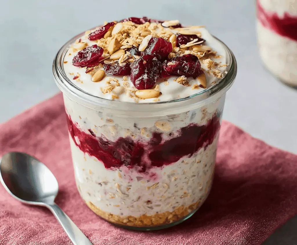 Healthy high-protein cranberry overnight oats in a jar, perfect for meal prep and breakfast on the go.