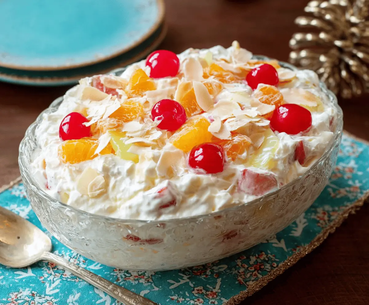 Colorful holiday Ambrosia Salad in a bowl, perfect for festive parties and celebrations.