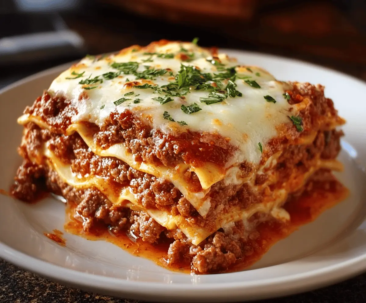 Delicious homemade lasagna with layers of rich meat sauce, melted cheese, and fresh herbs