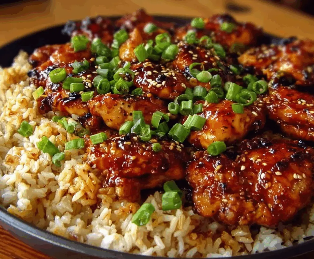 Delicious honey BBQ chicken served with fluffy rice, perfect for a flavorful meal.