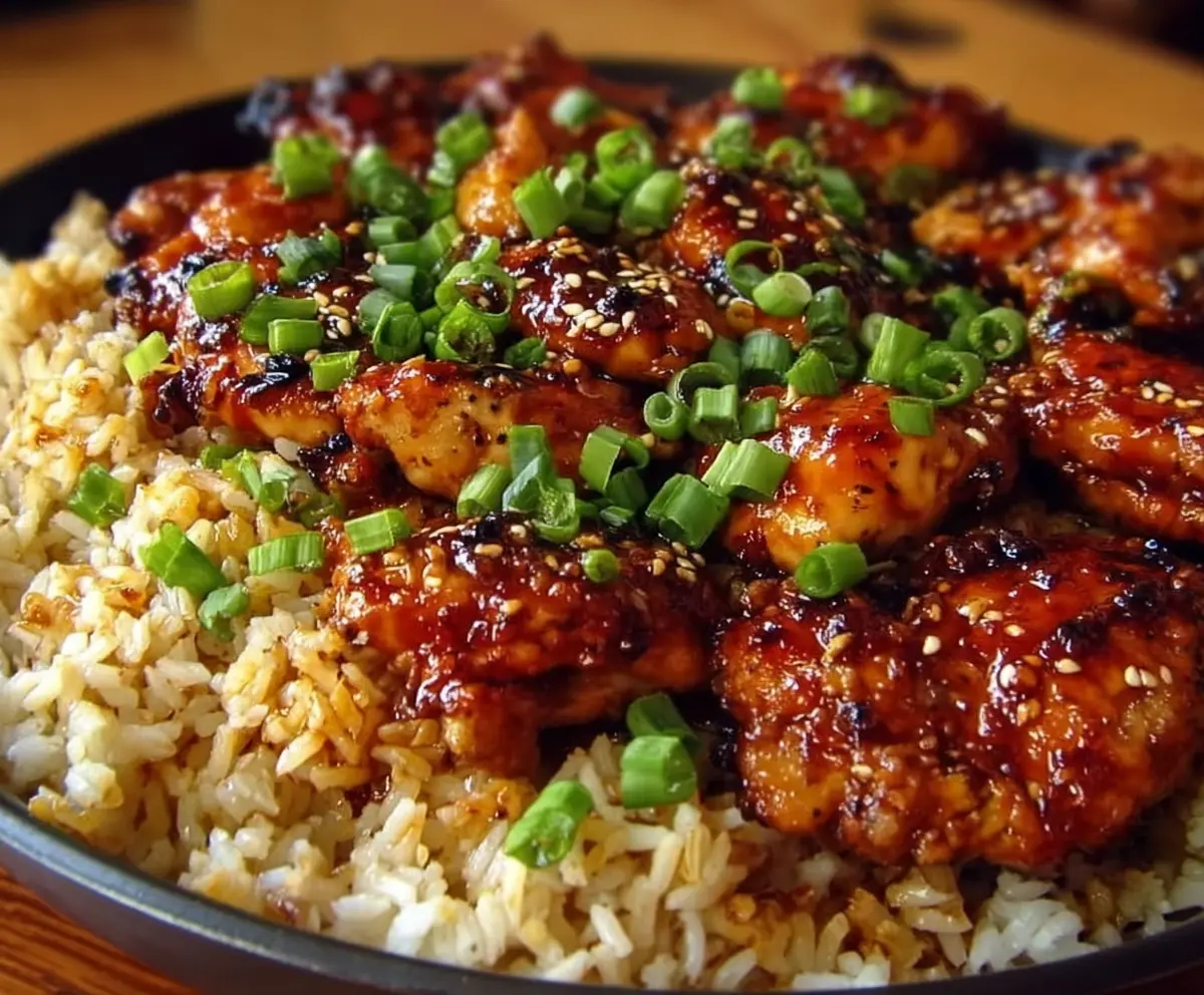 Delicious honey BBQ chicken served with fluffy rice, perfect for a flavorful meal.
