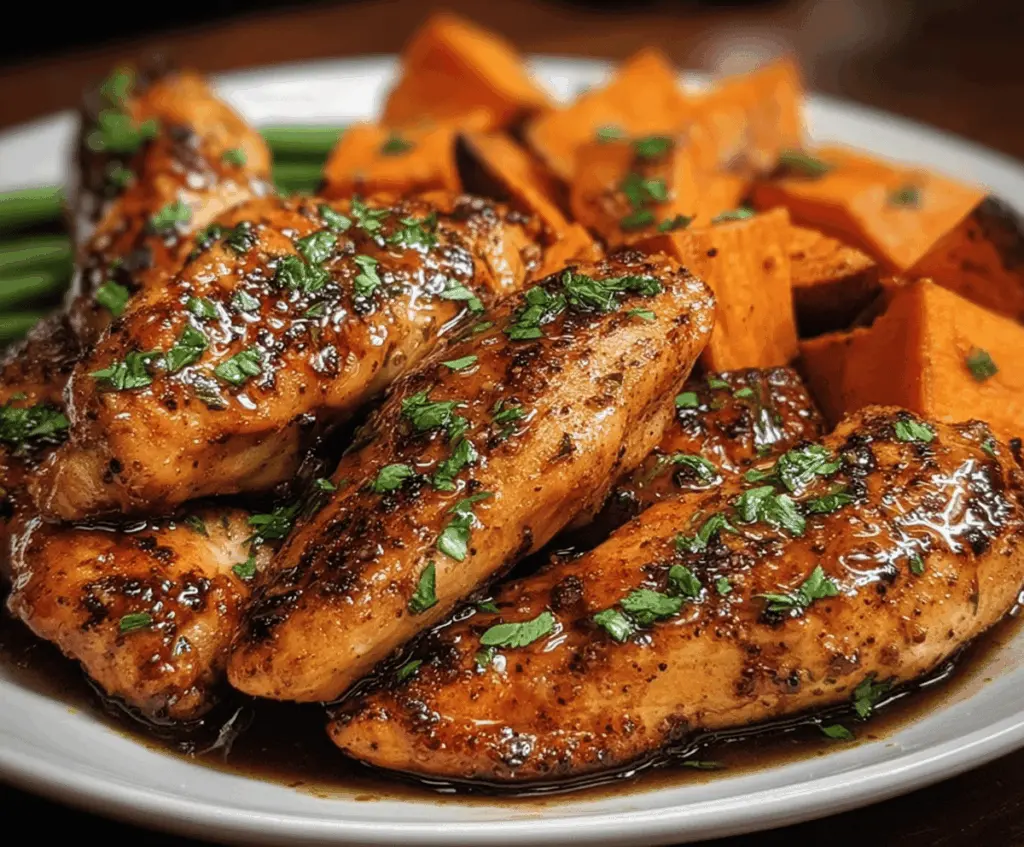 Delicious honey garlic chicken served with roasted sweet potatoes on a colorful plate.