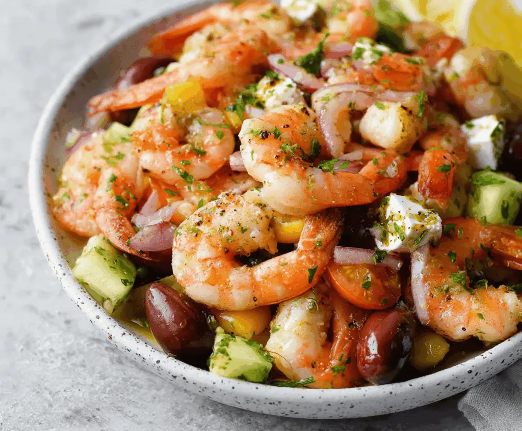 Fresh Italian Olive Oil Shrimp Salad with colorful vegetables and herbs on a plate.