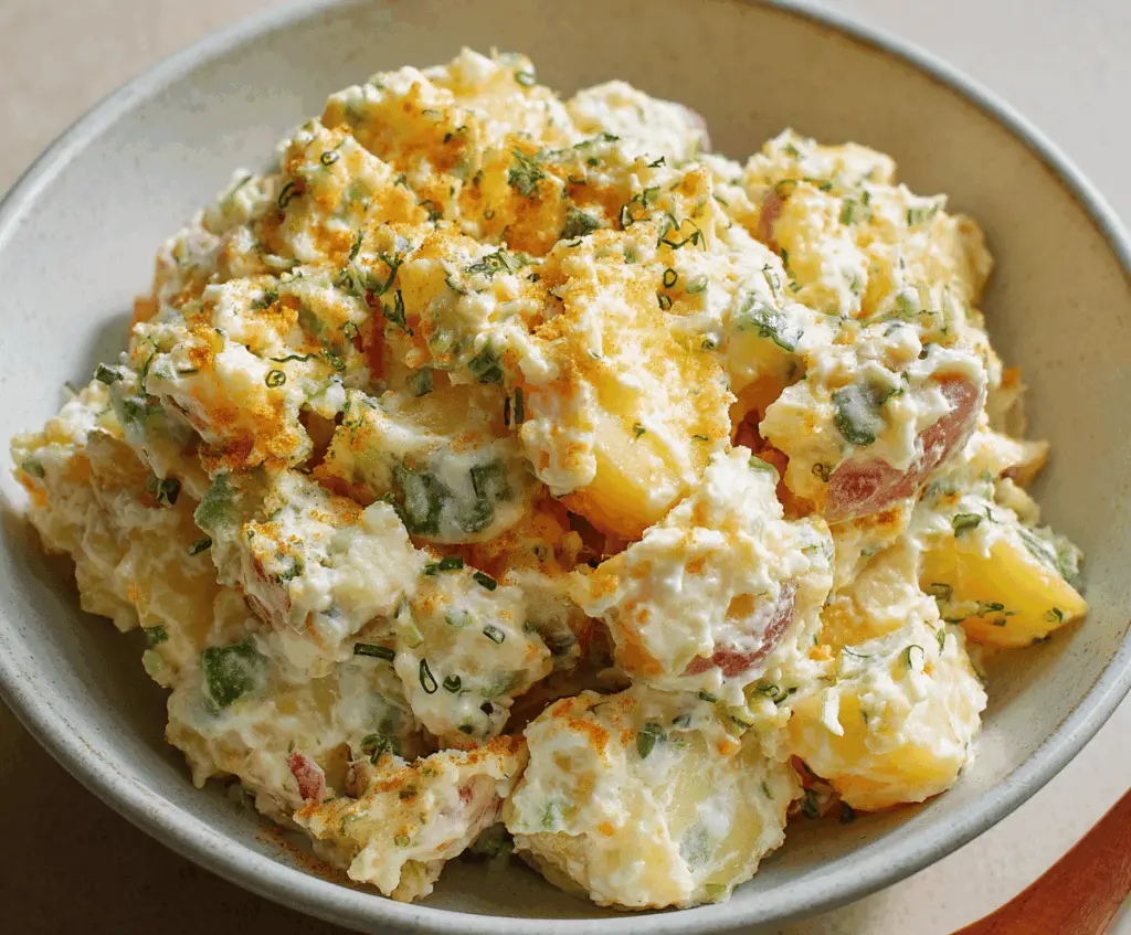 Creamy Japanese Potato Salad with fresh cucumbers and carrots, served in a bowl