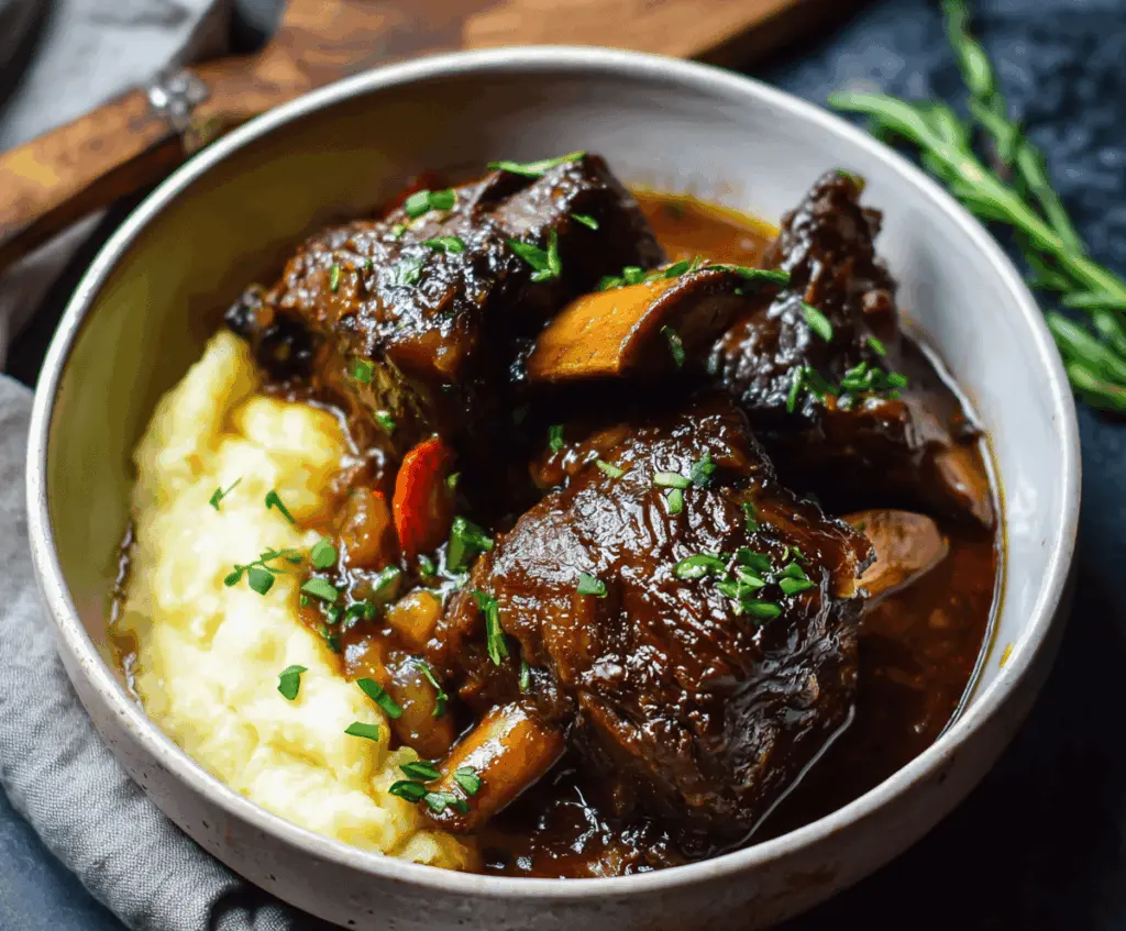 Juicy braised short ribs cooked by Julia Child with rich sauce in a rustic dish.