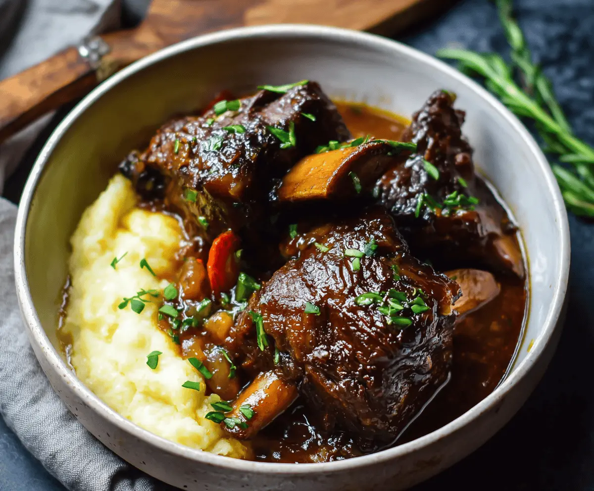 Juicy braised short ribs cooked by Julia Child with rich sauce in a rustic dish.