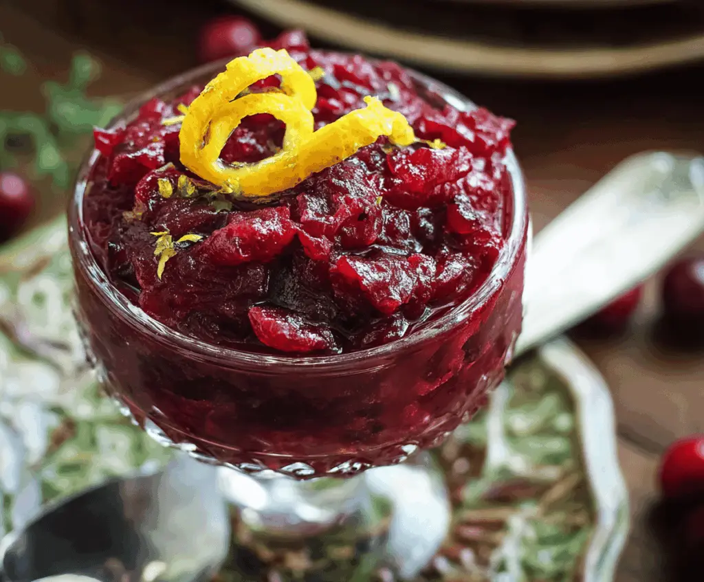 Homemade cranberry sauce in a glass bowl with fresh cranberries and orange slices for Julia Child’s Easy Cranberry Sauce Recipe