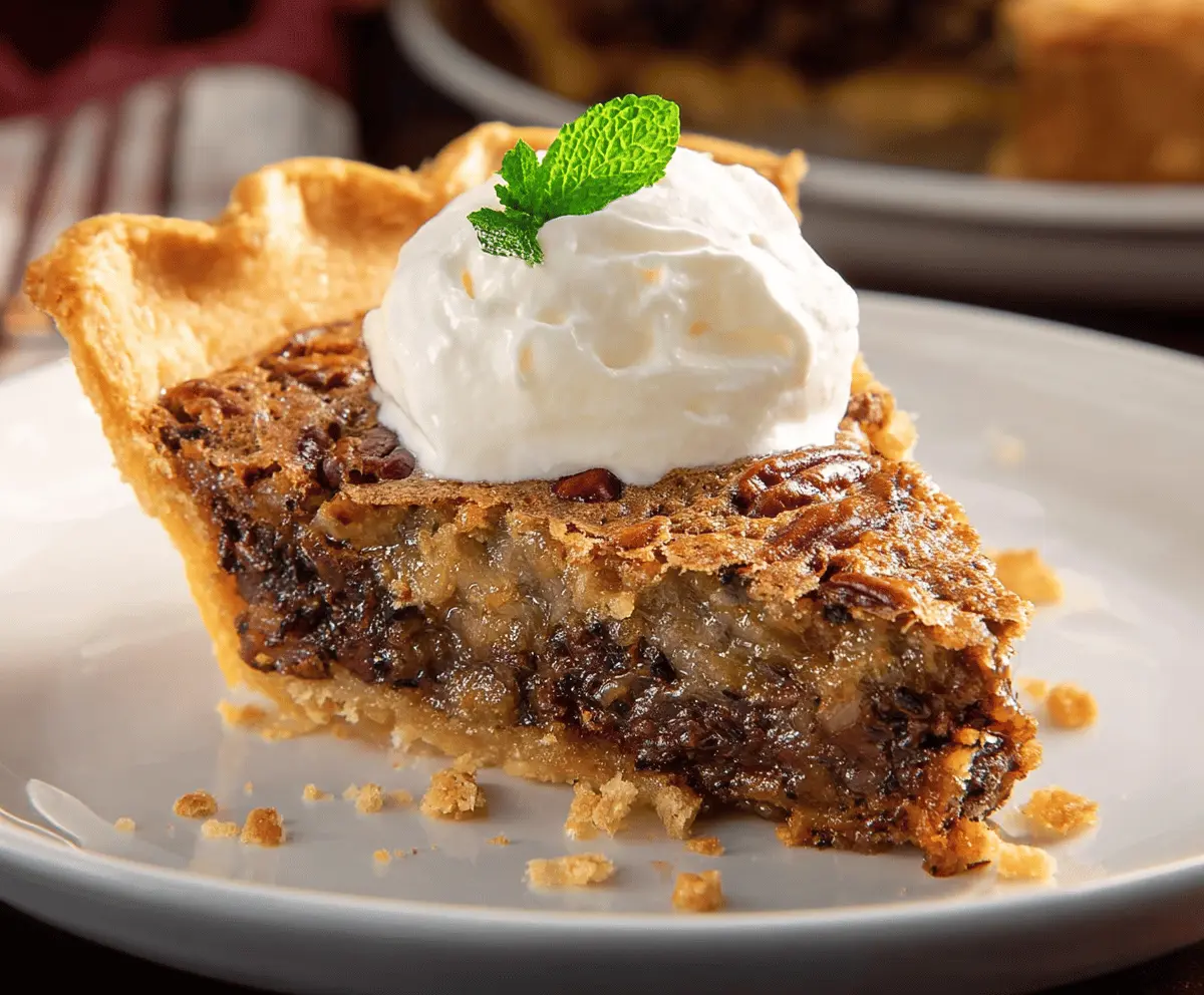 Delicious Kentucky Derby Pie with a buttery crust, rich chocolate and pecan filling, served warm.